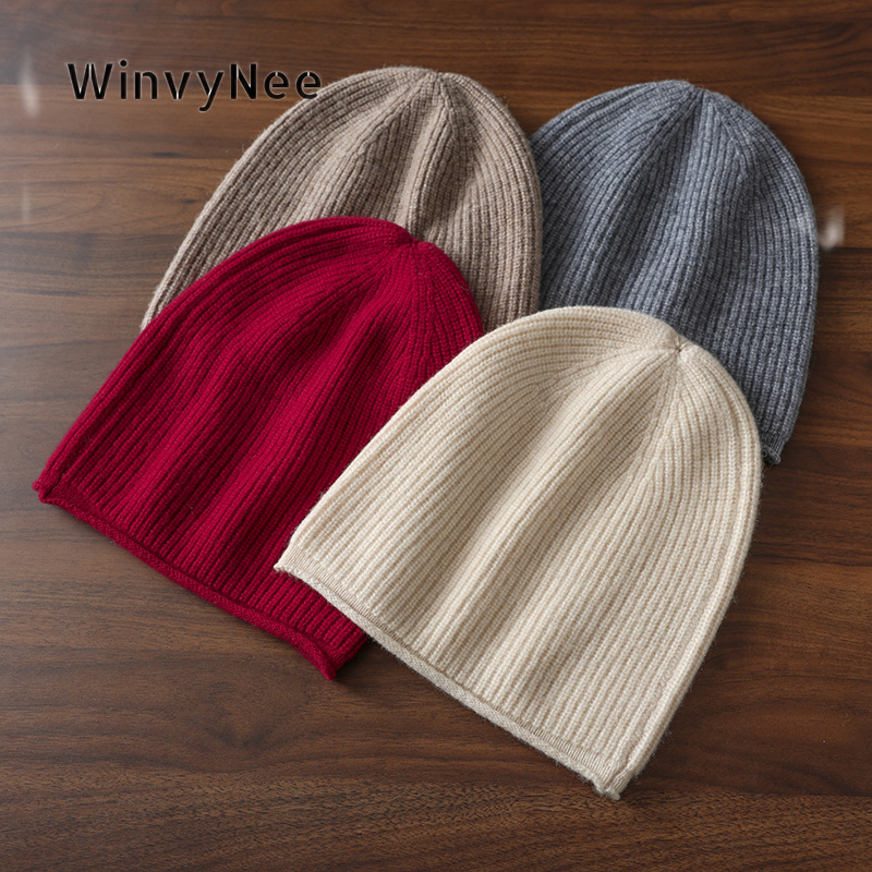 Beanie Cuffed Knit - หมวกบีนนี่ถักไหมพรมขนแกะแท้สำหรับผู้หญิง WinvyNee ขอบพับม้วน สีพื้น ให้ความอบอุ่นนุ่มนวล ยืดหยุ่น