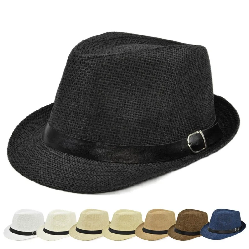 Cowboy Hat Straw - หมวกกันแดดชายหาดแฟชั่นเรียบง่าย หมวกปานามาปีกกว้างสำหรับฤดูร้อน หมวกแจ๊สลำลอง หมวกเฟโดร่าคาวบอย หมวกแก๊งสเตอร์ ใส่ได้ทั้งชายและหญิง